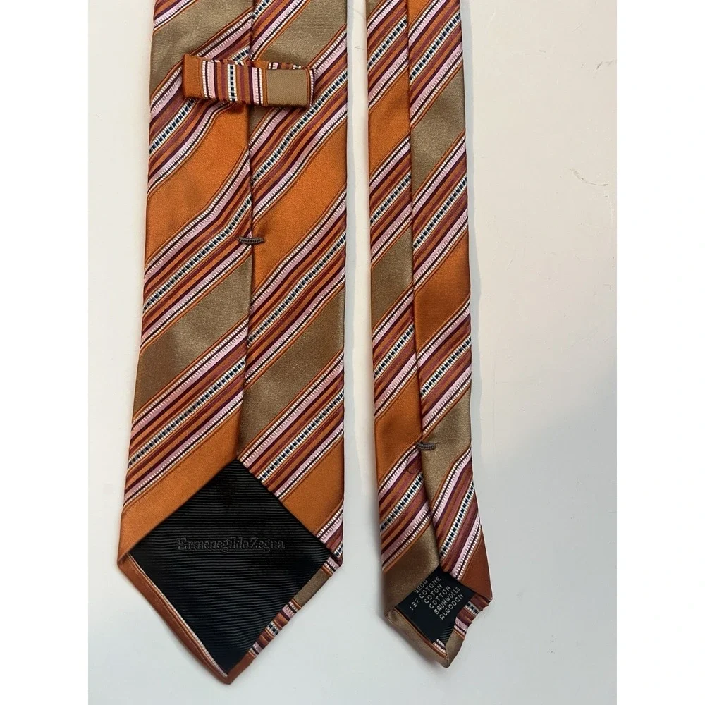 Vintage Ermenegildo Zegna Orange‎ Gold Striped Men's Luxury Tie